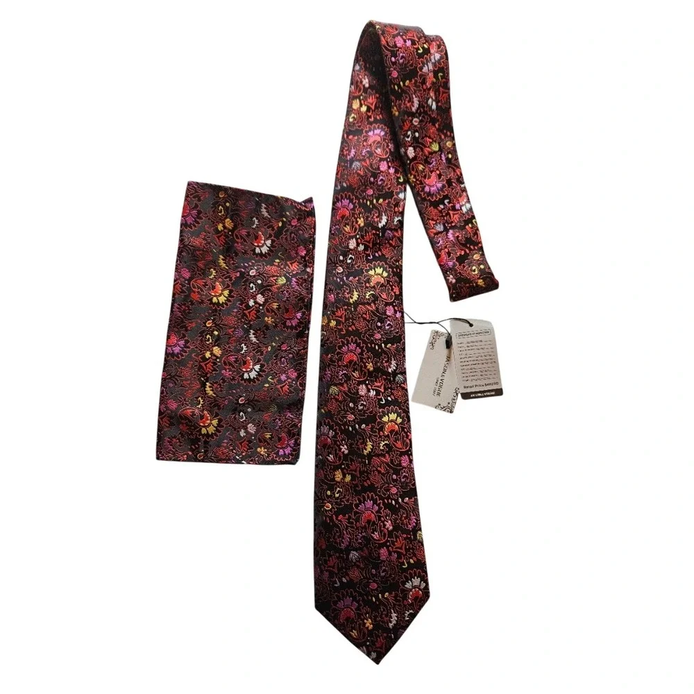 Jason & Vogue Mens Silk Tie Pocket Square Set Floral Paisley Red Black NWT